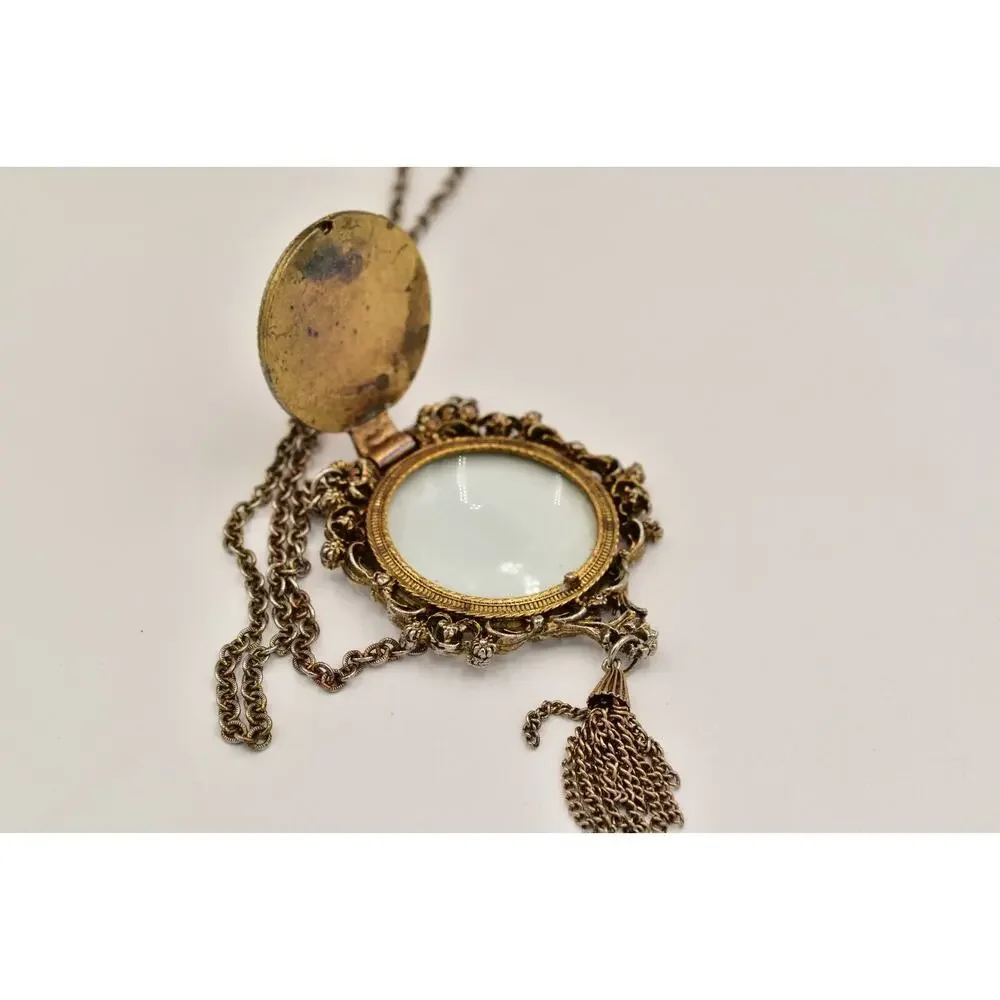 Vintage Locket Pendant Tassel Necklace Rose Painted Floral Heavy Antiqued BinA17
